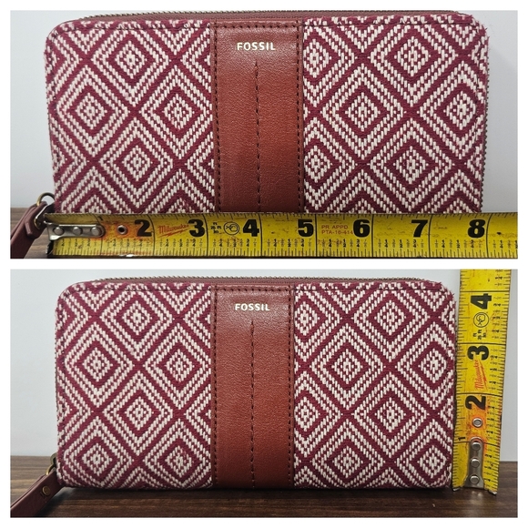 Fossil Jori Zip Clutch Wristlet RFID Wallet Leather Fabric Red White Brown NWOT - Picture 16 of 16